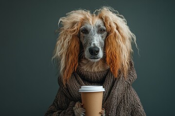 Stylish Dog in Sweater Holding Coffee Cup 