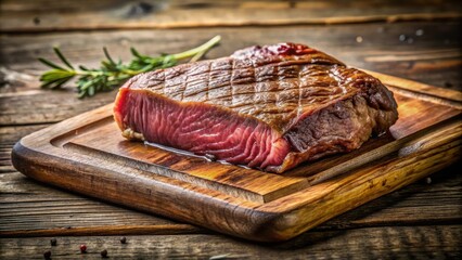 A juicy piece of rump steak lies on a clean, wooden cutting board