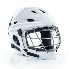 Fototapeta premium White goalie helmet featuring a metal cage for enhanced protection on the ice during games or practices
