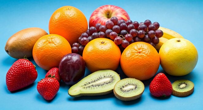 Fruit and citrus fodd for health and healthy food real images white blue and yellow background.