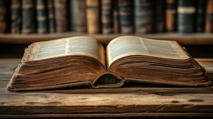 Obraz premium Open Book on Wooden Table in a Cozy Library Setting