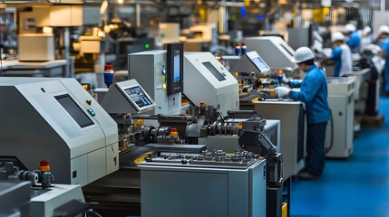 A modern manufacturing facility with machinery and workers engaged in production processes.