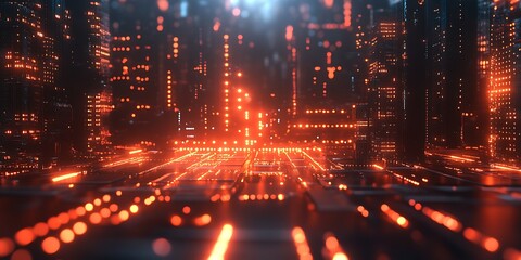 Obraz premium Futuristic city at night with glowing orange lights and digital pathways.