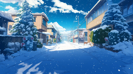 winter Japanese houses, snowing street