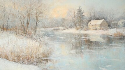 Frosty winter landscape with a tranquil river, snow-covered trees, and a small house reflecting in the calm water at sunrise.