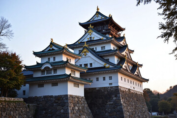 Himeji Castle at sunset with stone and tiled roof