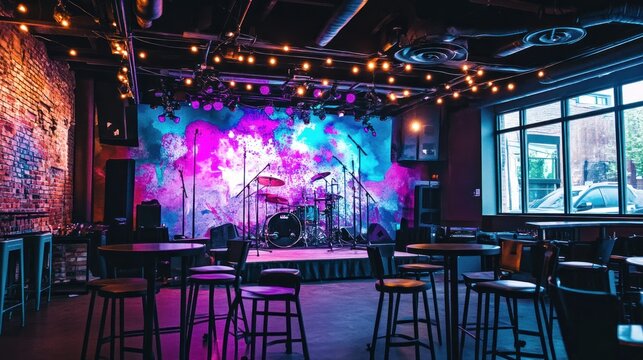 Intimate music venue with stage, drum kit, colorful backdrop, and small tables.