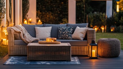 Obraz premium A comfortable outdoor rattan furniture set featuring a coffee table, decorative pillows, and lantern-style lamps glowing in the background.