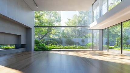 A contemporary empty loft featuring smooth wooden floors, large glass windows, and a garden view bathed in natural light.
