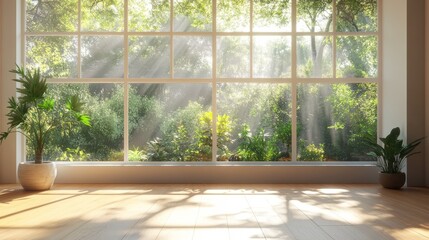 A contemporary, light-filled loft with polished wooden floors, oversized windows framing a serene garden, and blank walls.