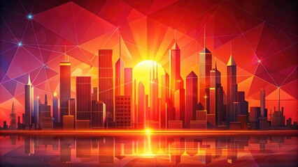 Fototapeta premium Colorful geometric shapes in bold red background illustration with futuristic cityscape elements at sunset