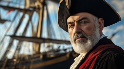 Obraz premium A determined pirate gazes into the horizon. His piercing expression reflects adventure and bravery. Set against a majestic ship backdrop. Generative AI