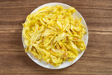 top view dish of chrysanthemum sashimi delicacy