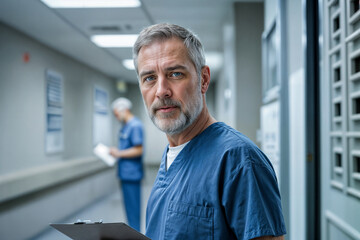 Obraz premium Mature Male Doctor with Grey Hair: Professional Healthcare Portrait