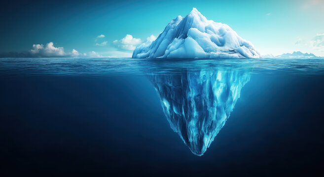 Majestic iceberg rises above azure waters showcasing its massive underwater structure in a serene Arctic landscape. An iceberg floating in the ocean, with most of its mass underwater