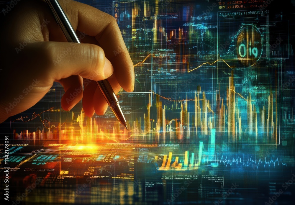 Poster hand with pen analyzing data charts and financial graphs on screen