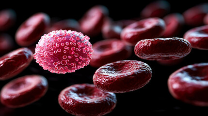 Microscopic view of a cell among red blood cells.