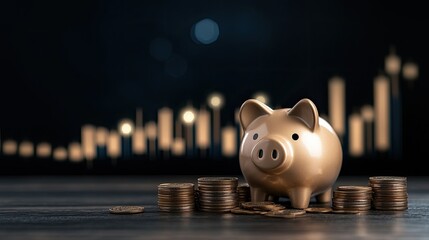 Piggy bank surrounded by coins and financial graphs, representing stock market growth and financial success against a light blue backdrop