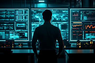 A dark trading office filled with holographic glowing displays showcasing futuristic financial data and market trends