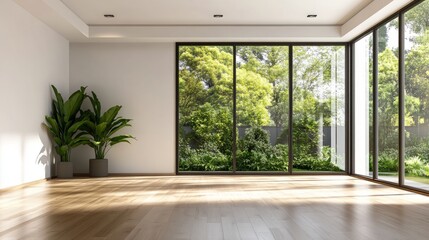 A minimalist empty room in a modern loft with clean wooden floors, large windows to a garden, and a bright, airy atmosphere.