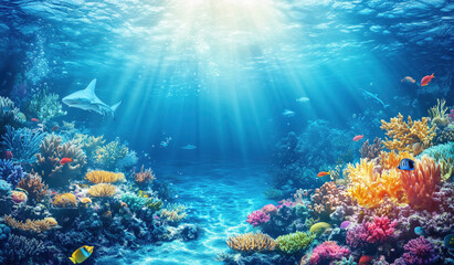 Vibrant coral reef filled with diverse fish and a shark swimming gracefully in clear blue water. Sunlight filters through, creating an enchanting underwater landscape.