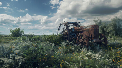 Fototapeta premium Rusty Farm Equipment: An image of rusty, abandoned farm equipment sitting in a field overgrown with weeds, symbolizing the decline of rural life and agriculture.
