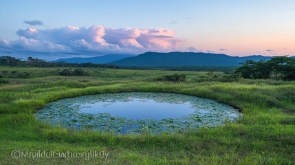 Obraz premium Serene Landscape with Reflective Pond and Lush Green Pastures