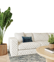Free PNG wallpaper mockup in Interior, a living room with a couch and a plant on the table with transparent background, 3D rendering