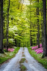 Obraz premium A serene dirt road through a lush green forest with blooming flowers.