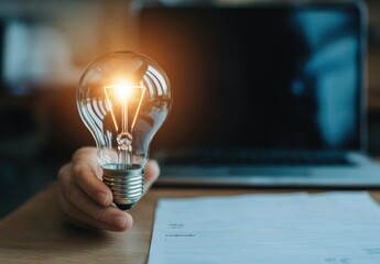 Hand Holding Light Bulb with Glowing Filament by Laptop on Table