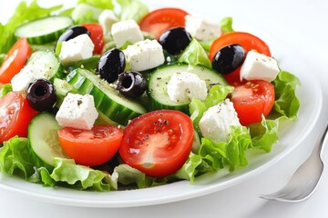 A white plate topped with a fresh salad of vegetables and cheese
