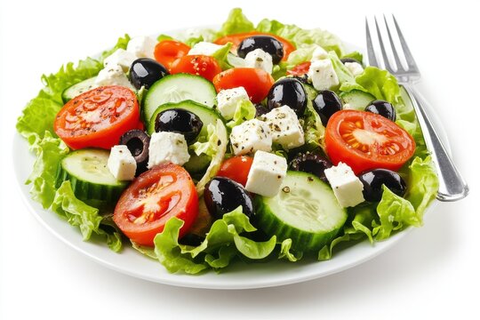A white plate topped with a fresh salad of vegetables and cheese