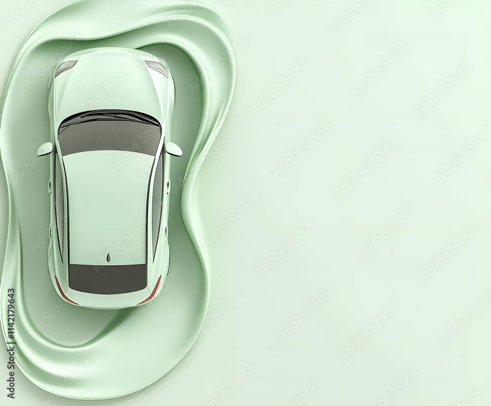 Poster Top view of a modern pastel green car with sleek lines surrounded by gentle curves creating a calm and futuristic design against a minimalist background.
