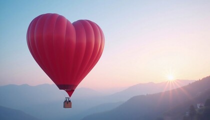 Fototapeta premium Beautiful red heart shaped hot air balloon with misty mountains in the background, love, rise, freedom, journey