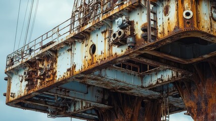 Fototapeta premium Rusty Oil Rig Structure with Weathered Machinery and Blue Sky