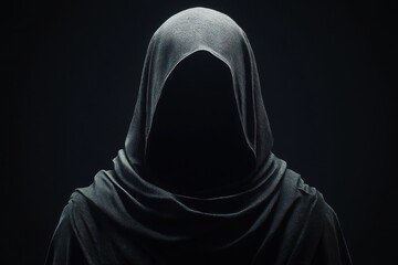 A hooded figure with an indistinct face stands alone in the shadows