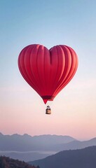 Obraz premium Beautiful red heart shaped hot air balloon with misty mountains in the background, love, rise, freedom, journey
