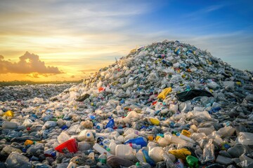 A large pile of plastic waste exists in the center of a field