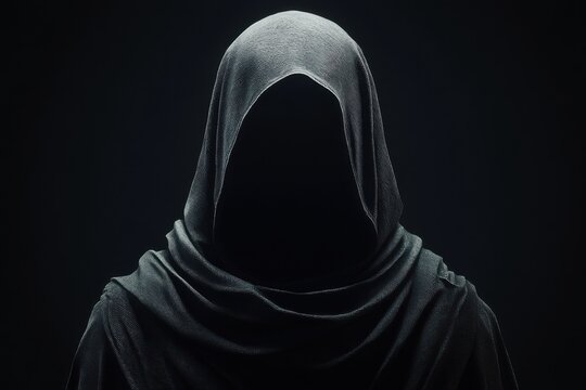 A hooded figure with an indistinct face stands alone in the shadows
