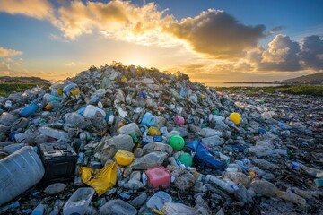 A large pile of plastic waste exists in the center of a field