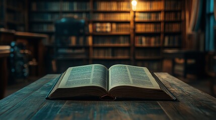 Fototapeta premium Open Book on Wooden Table in a Cozy Library Setting