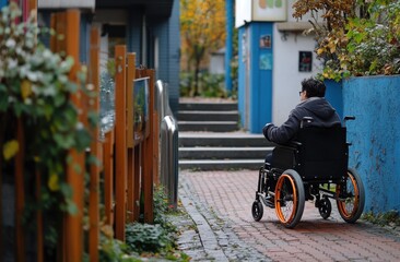 Obraz premium A man who is using a wheelchair is sitting right in front of a building