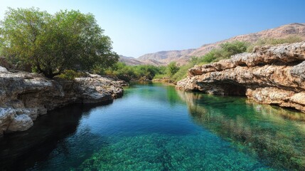 Crystal-clear waters reflect the sun as rugged cliffs form a stunning backdrop, showcasing the natural beauty of Wadi Shab in Oman