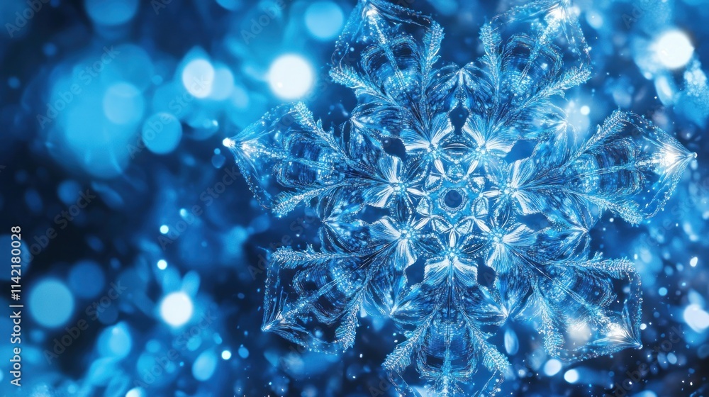 Poster detailed macro shot of a single, intricate ice snowflake against a bokeh background.