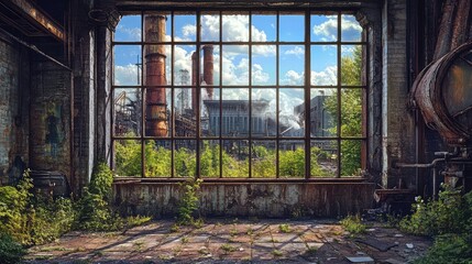 Naklejka premium Overgrown Factory View Through Large Old Window with Blue Sky