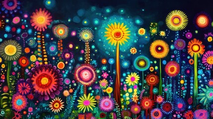 Vibrant, colorful floral artwork with glowing flowers at night.
