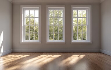 Fototapeta premium A vacant room featuring a smooth wooden floor and three large windows