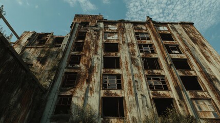 Abandoned Industrial Building with Rust and Broken Windows