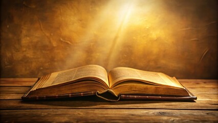 Ancient leather-bound book lying open on a wooden table with soft natural light illuminating the pages, revealing golden ink and yellowed parchment, vintage reading material, golden ink