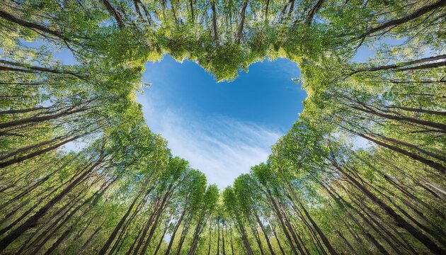 tall trees forming heart shape against blue sky 